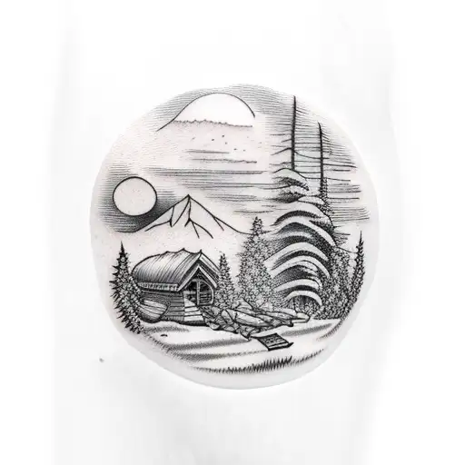 Forearm Band Cabin With Campfire In The Forest With Mountains In The Background