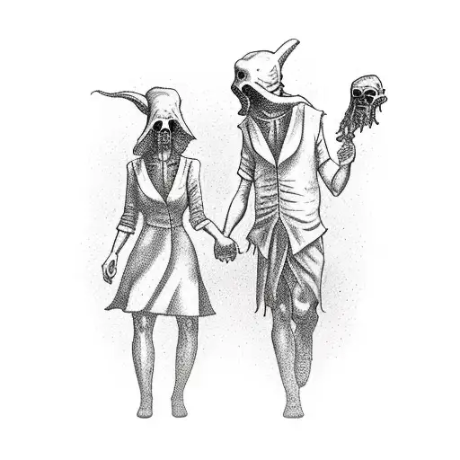 Male And Female Plague Doctors Holding Hands