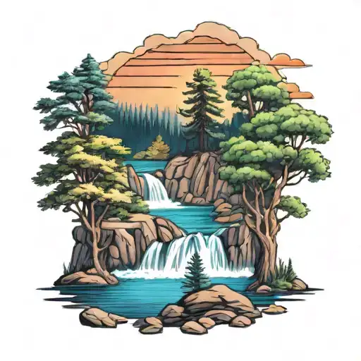 Waterfall And Trees Colors Sunset Over Lake