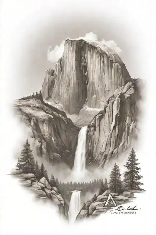 Half Dome Below Mt Whitney With Waterfall And A Trail Leading Up The Middle