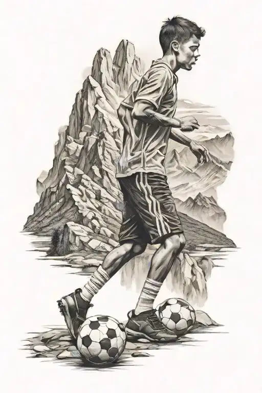 A Boy With A Soccer Ball Looking At The Mountains