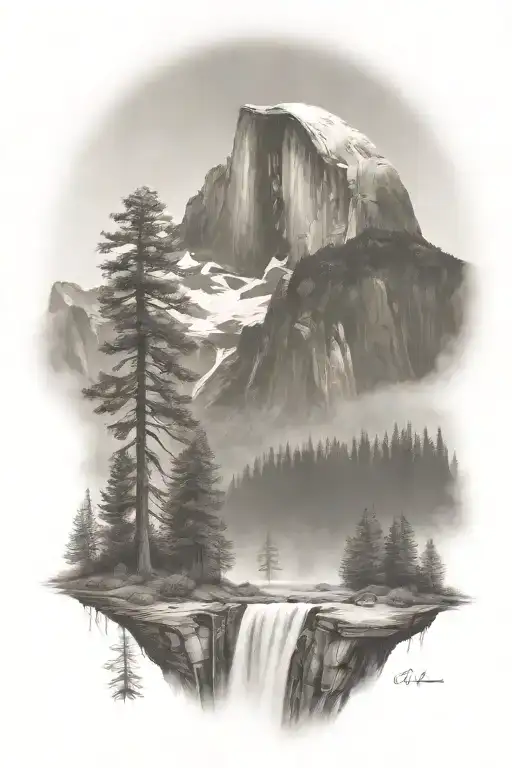 Badass Version Of Half Dome With A Trail Leading Up To It And A Waterfall Coming Off Half Dome