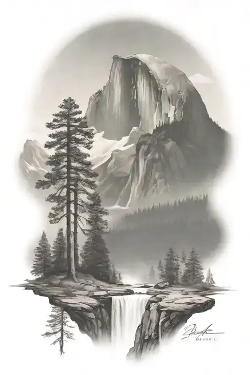 Badass Version Of Half Dome With A Trail Leading Up To It And A Waterfall Coming Off Half Dome