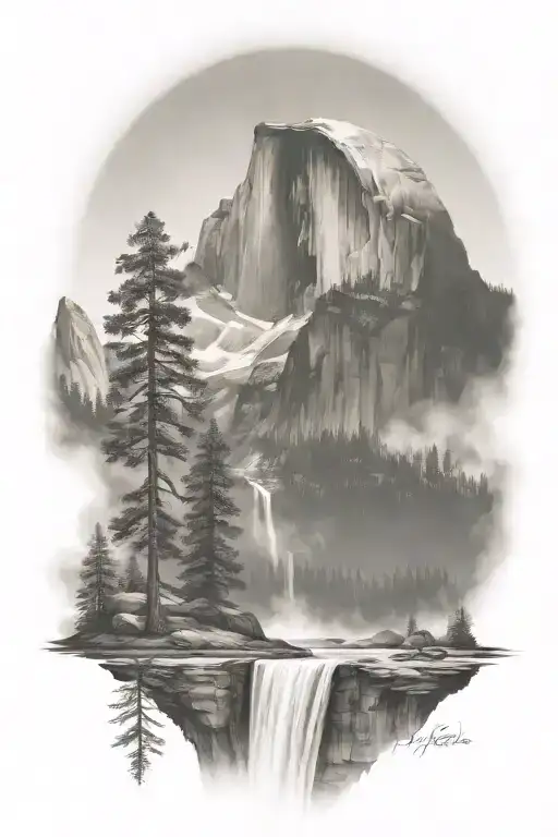 Badass Version Of Half Dome With A Trail Leading Up To It And A Waterfall Coming Off Half Dome