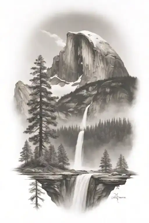 Badass Version Of Half Dome With A Trail Leading Up To It And A Waterfall Coming Off Half Dome