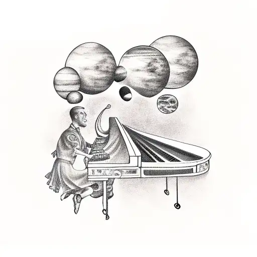 Old Music Hall With One Pianist Surrounded By Planets