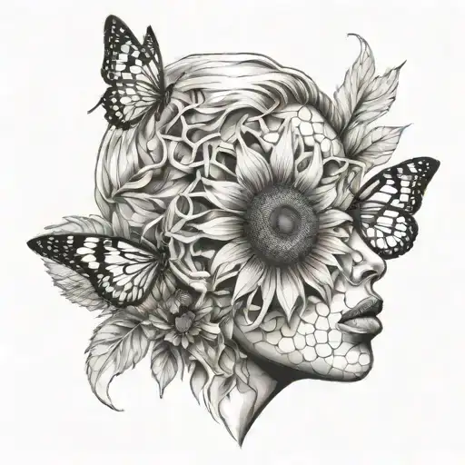 Female Face Morphing Into The Space And Honeycombs Plus Sunflower