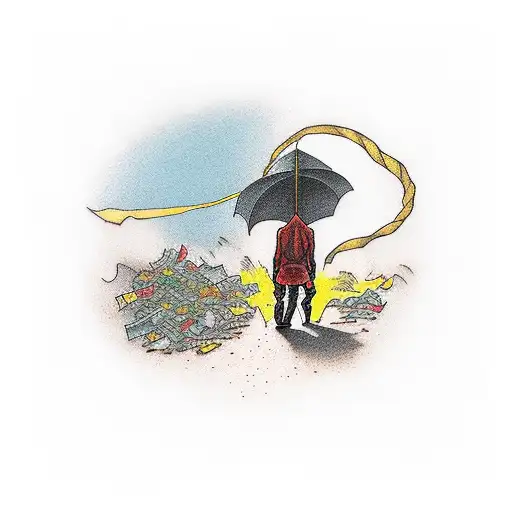 A Hooded Man Walking Down A Dark Road With Trash And The Other Side Is A Gold Street With Light