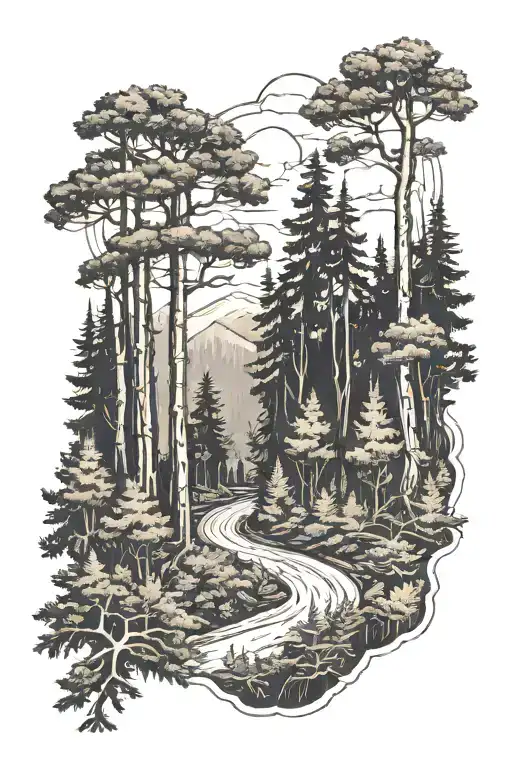 Dense Coniferous Forest With A Road In The Style Of Realism