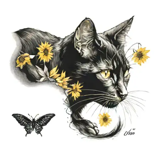 Black Cat With A Sunflower