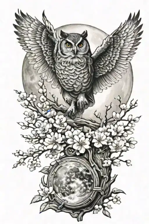 Moon With An Owl And Cherry Blossoms
