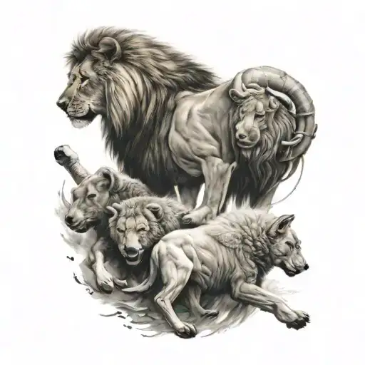 Lion And Sheep Beating A Wolf