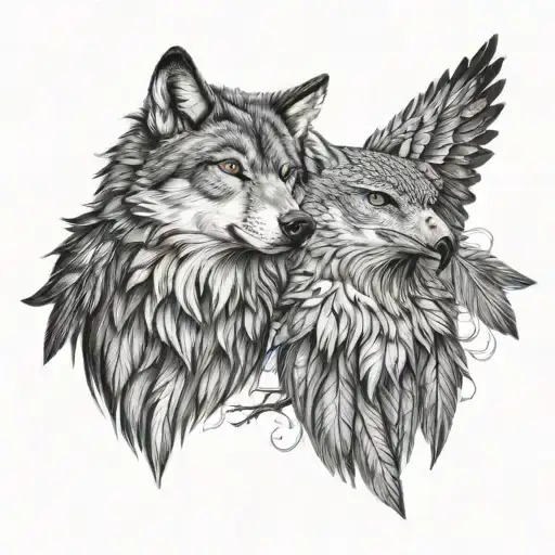 Wolf Eagle Flying Together