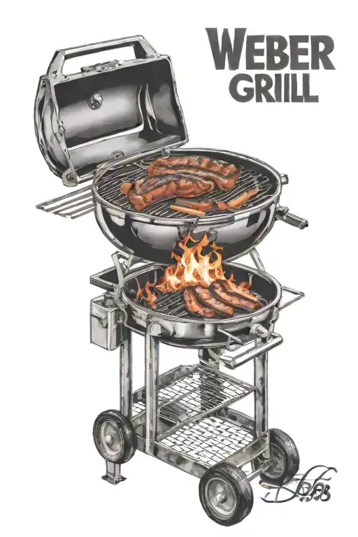 A Weber Grill With Some Flames Coming Through The Grates And Meat On It