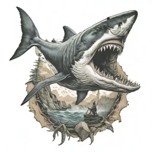 A Realism Tattoo Of A Detailed Scene Of A Hunter Tracking A Megalodon In The Wilderness
