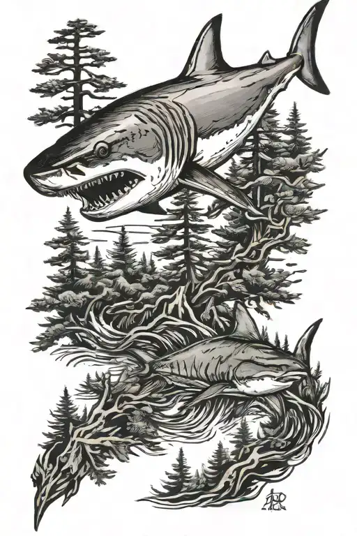 A Fierce Shark Swimming Through A Forest Of Pine Trees