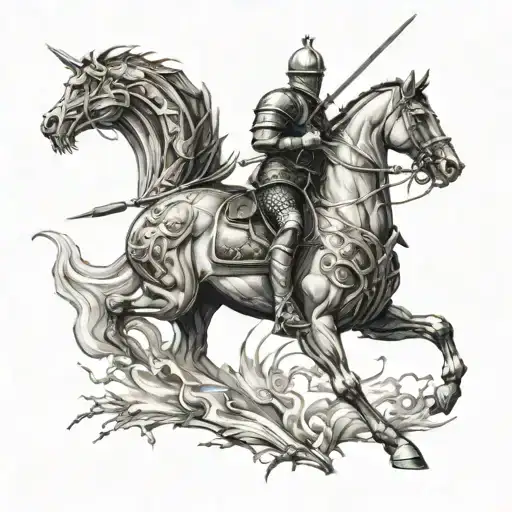Knight With Sword On A Horse Galloping Away From Dragon Attacking A Mill