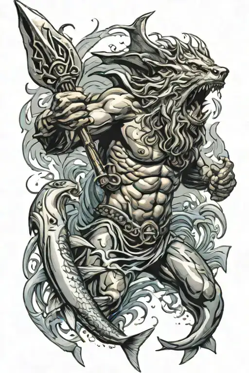 Poseidon Holding A Trident Underwater With Sharks Swimming Around Him