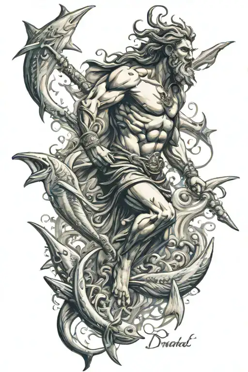 Poseidon Holding A Trident Underwater With Sharks Swimming Around Him
