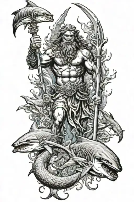 Poseidon Holding A Trident Underwater With Sharks Swimming Around Him
