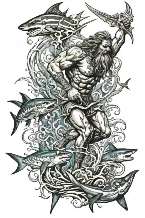 Poseidon Holding A Trident Underwater With Sharks Swimming Around Him