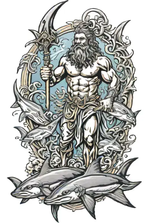 Poseidon Holding A Trident Underwater With Sharks Swimming Around Him