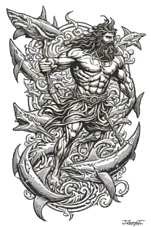 Poseidon Holding A Trident Underwater With Sharks Swimming Around Him