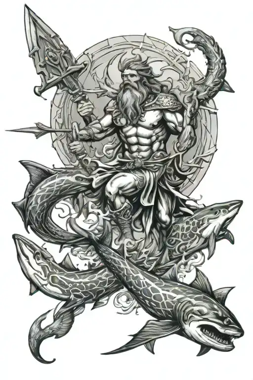 Poseidon Holding A Trident Underwater With Sharks Swimming Around Him