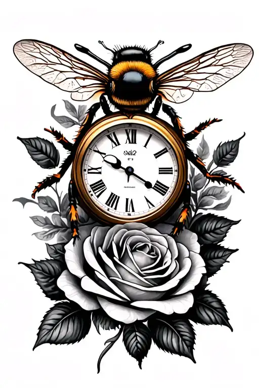 Bee On Roses With Clock Face