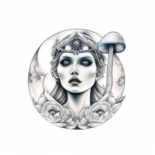 Goddess Under The Moon Surrounded By Mushrooms