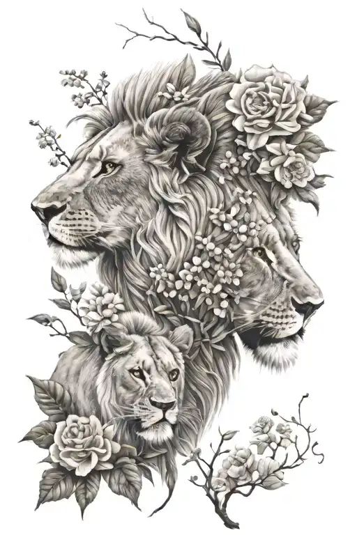 Lion Lioness Flowers Trees Nature