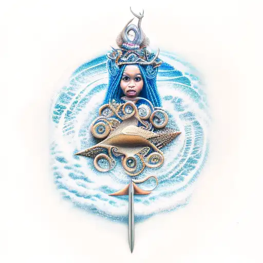 A Realistic Portrait Of Yemaya Holding A Trident And Surrounded By Waves And Sea Creatures