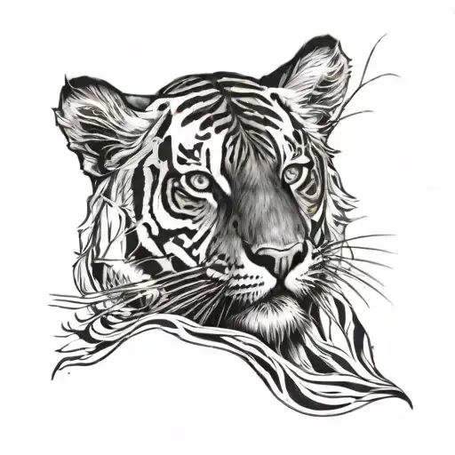 Black And White Tiger And Dark Wavy Lines On A Man's Left Upper Chest