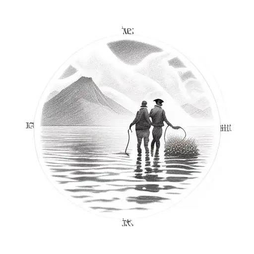 Two People Walking Away In A Hay Field With A Lake And Mountains In The Background