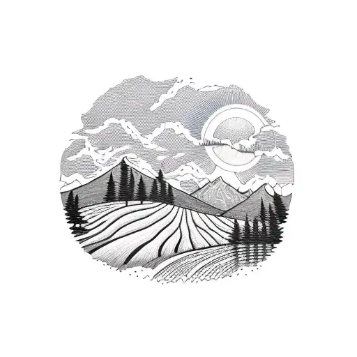 Two People Walking Away In A Hay Field With A Lake And Mountains In The Background