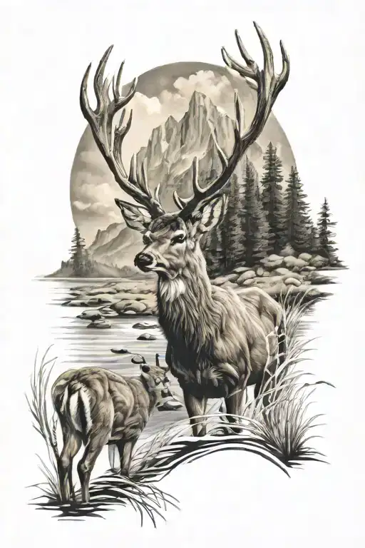 Deer Pheseant Mountain Stream Sun Field