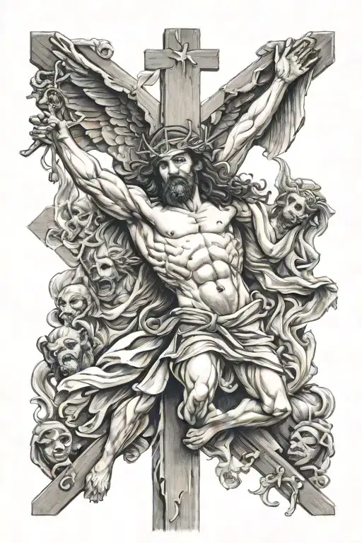 Jesus Christ On A Cross With Demons Fighting Angels