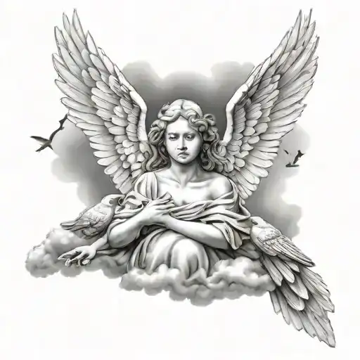Angel With Angel Wings Resting On Cloud With Flying Pigeons