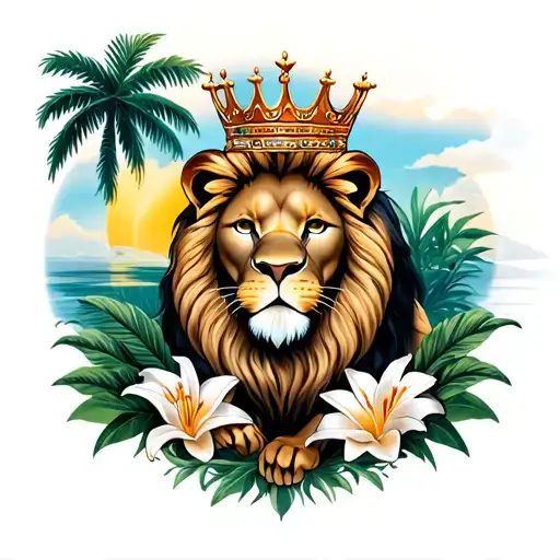 Lion With A Crown Surrounded By Palm Trees And Lillies And Sunshine
