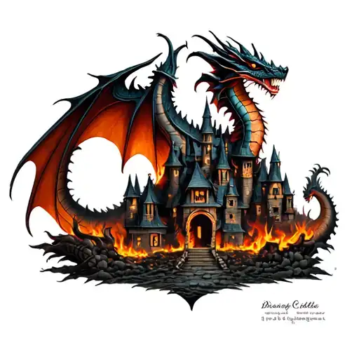 Dragon Castle At The Top Of Burned Down Village With Dragon At The Bottom