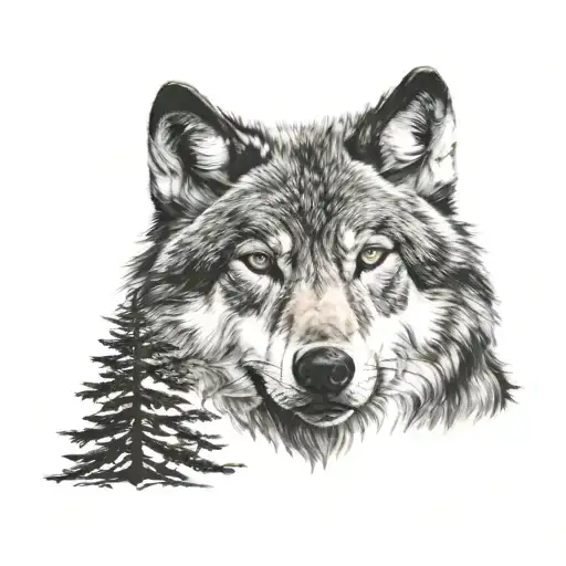 Calm Wolf Face In Front Of Dark Tree