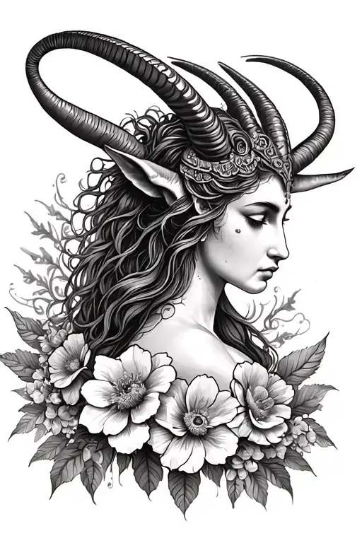 Capricorn Goddess Surrounded By Flowers