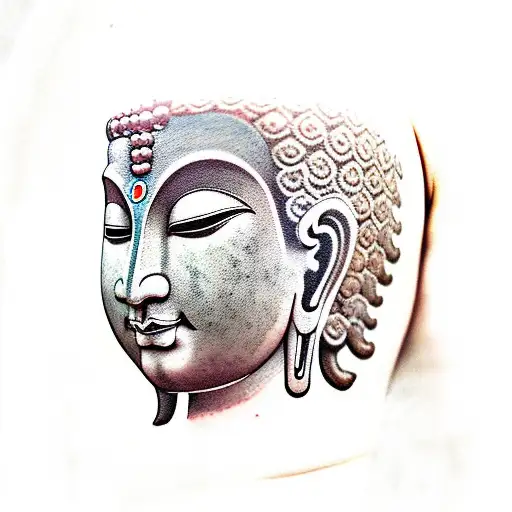 Tattoo Of A Large Face Of A Young Buddha With Ancient Indian Ruins In The Background