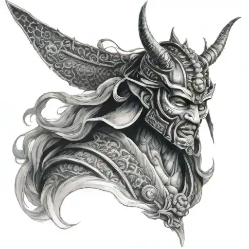 Samurai With Hanya Mask And Dragon On Fire