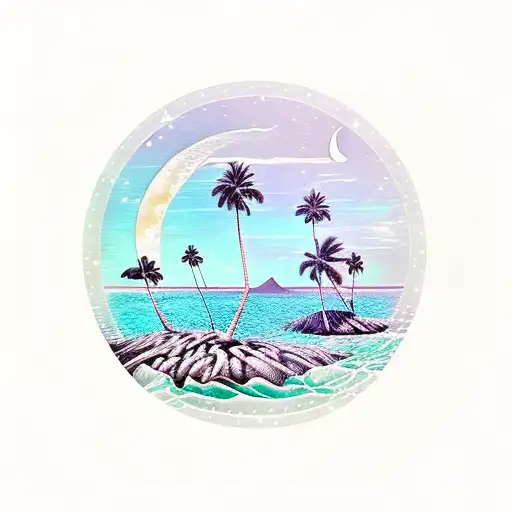 Black And White Moon Stars Sea Beach Palmtrees Night