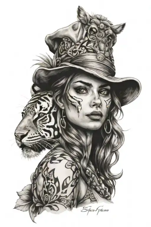 Wild Girl Face Statue Wearing Tiger Hat