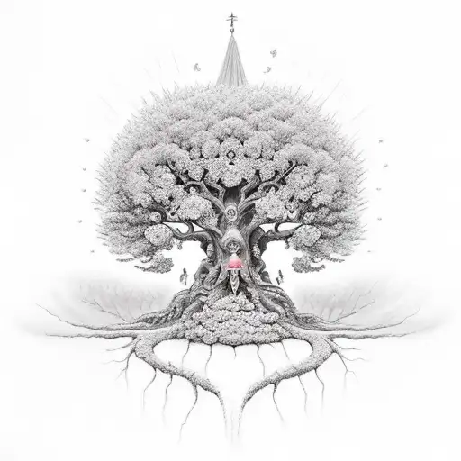 Gobelins Dancing Around A Spiritual Tree Under A Black Room Through Time With Indou Symbols