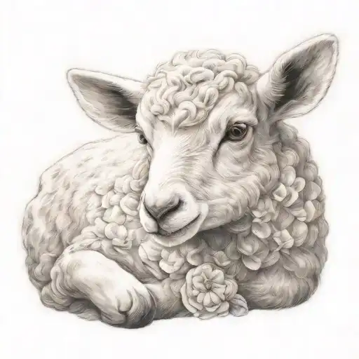 Delicate Lamb Laying With Jesus Behind Far Away With Arms In The Air