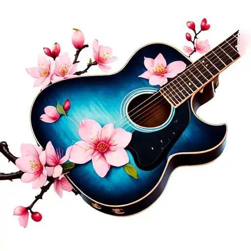Guitar And Cherry Blossom Flowers