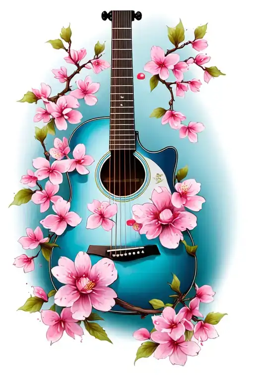 Guitar And Cherry Blossom Flowers